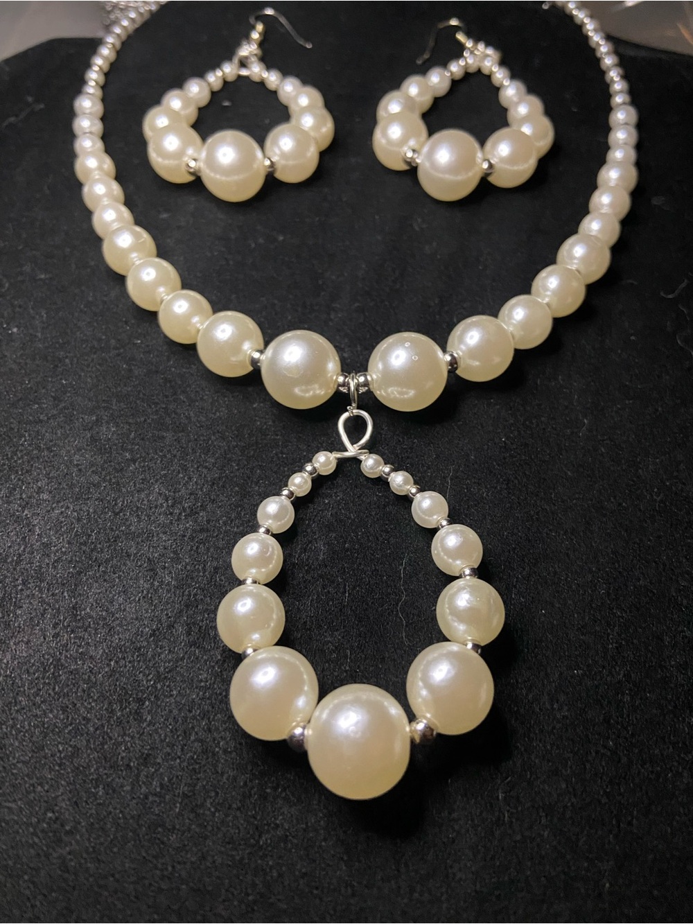 Ivory Pearl Teardrop Pendant Necklace and Hoop Earring Set